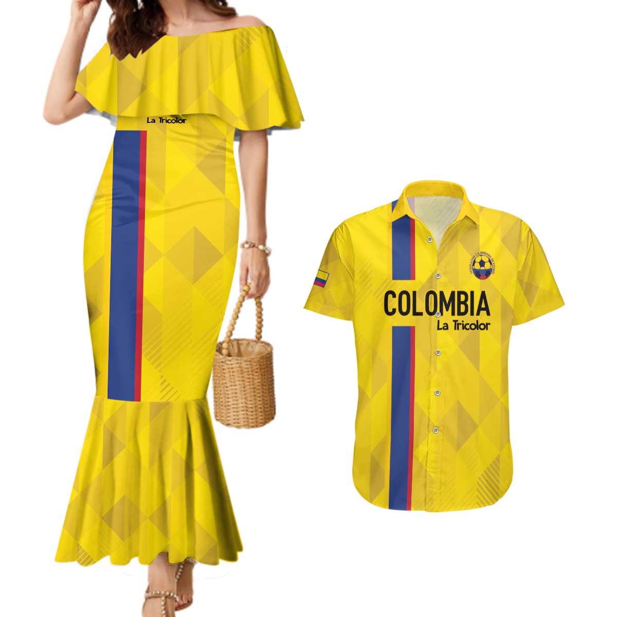 Custom Colombia Football Couples Matching Mermaid Dress and Hawaiian Shirt 2024 Vamos La Tricolor - Yellow - Wonder Print Shop