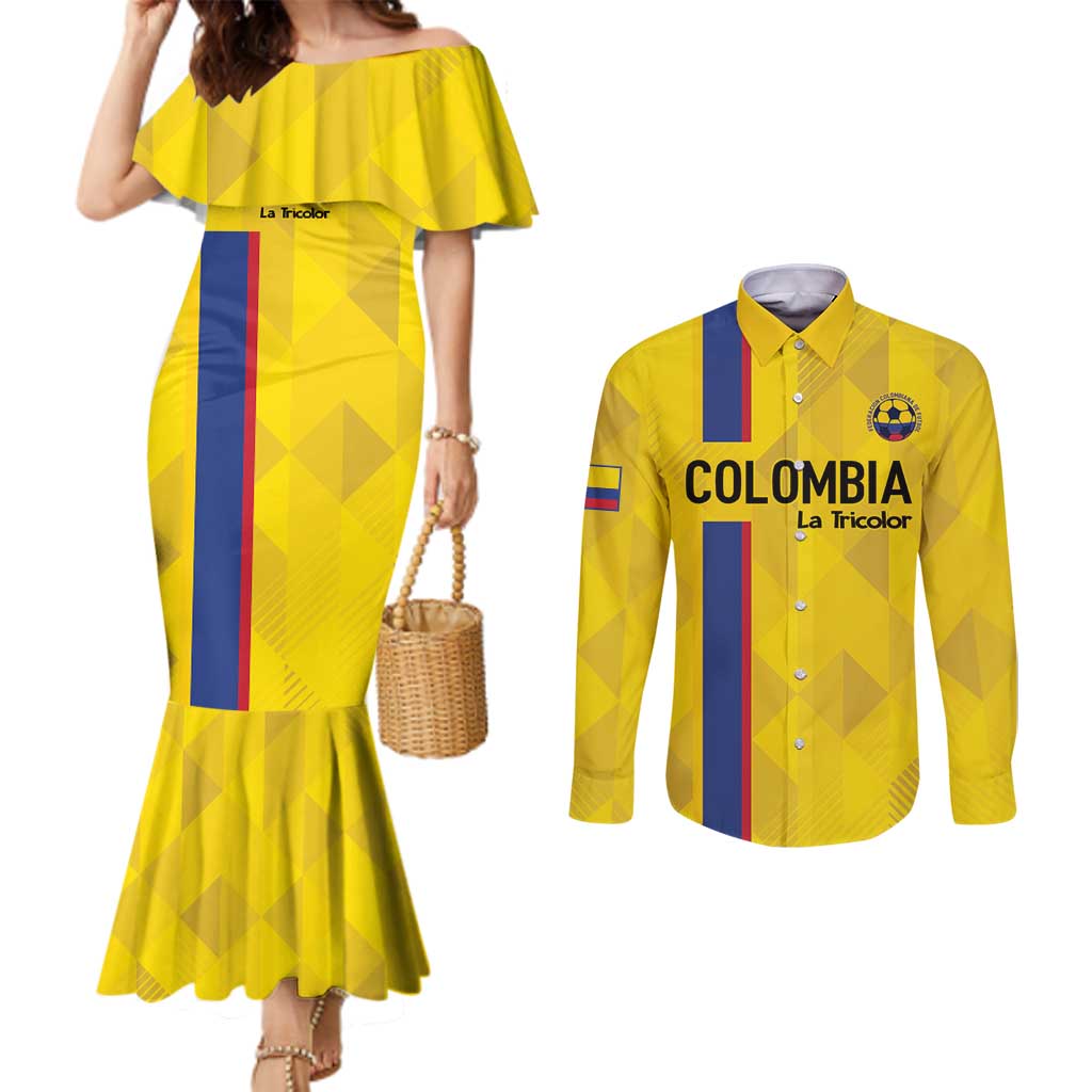 Custom Colombia Football Couples Matching Mermaid Dress and Long Sleeve Button Shirt 2024 Vamos La Tricolor - Yellow