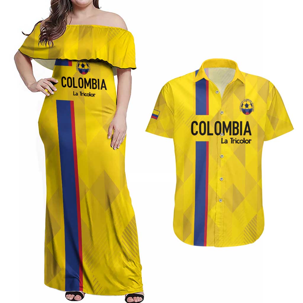 Custom Colombia Football Couples Matching Off Shoulder Maxi Dress and Hawaiian Shirt 2024 Vamos La Tricolor - Yellow - Wonder Print Shop