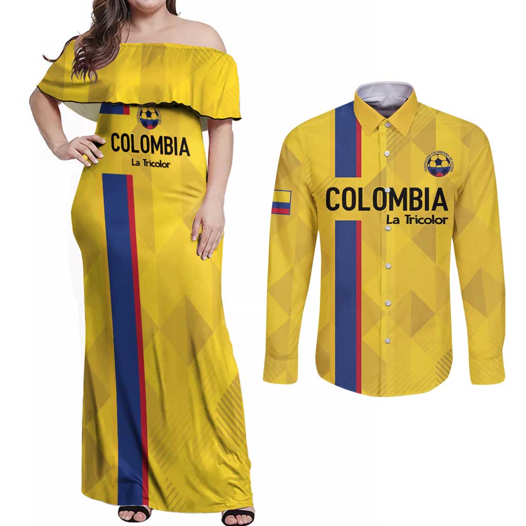 Custom Colombia Football Couples Matching Off Shoulder Maxi Dress and Long Sleeve Button Shirt 2024 Vamos La Tricolor - Yellow - Wonder Print Shop