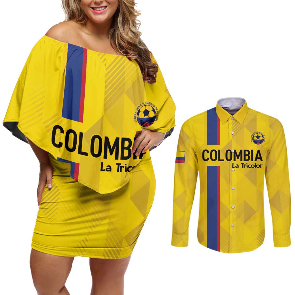 Custom Colombia Football Couples Matching Off Shoulder Short Dress and Long Sleeve Button Shirt 2024 Vamos La Tricolor - Yellow - Wonder Print Shop