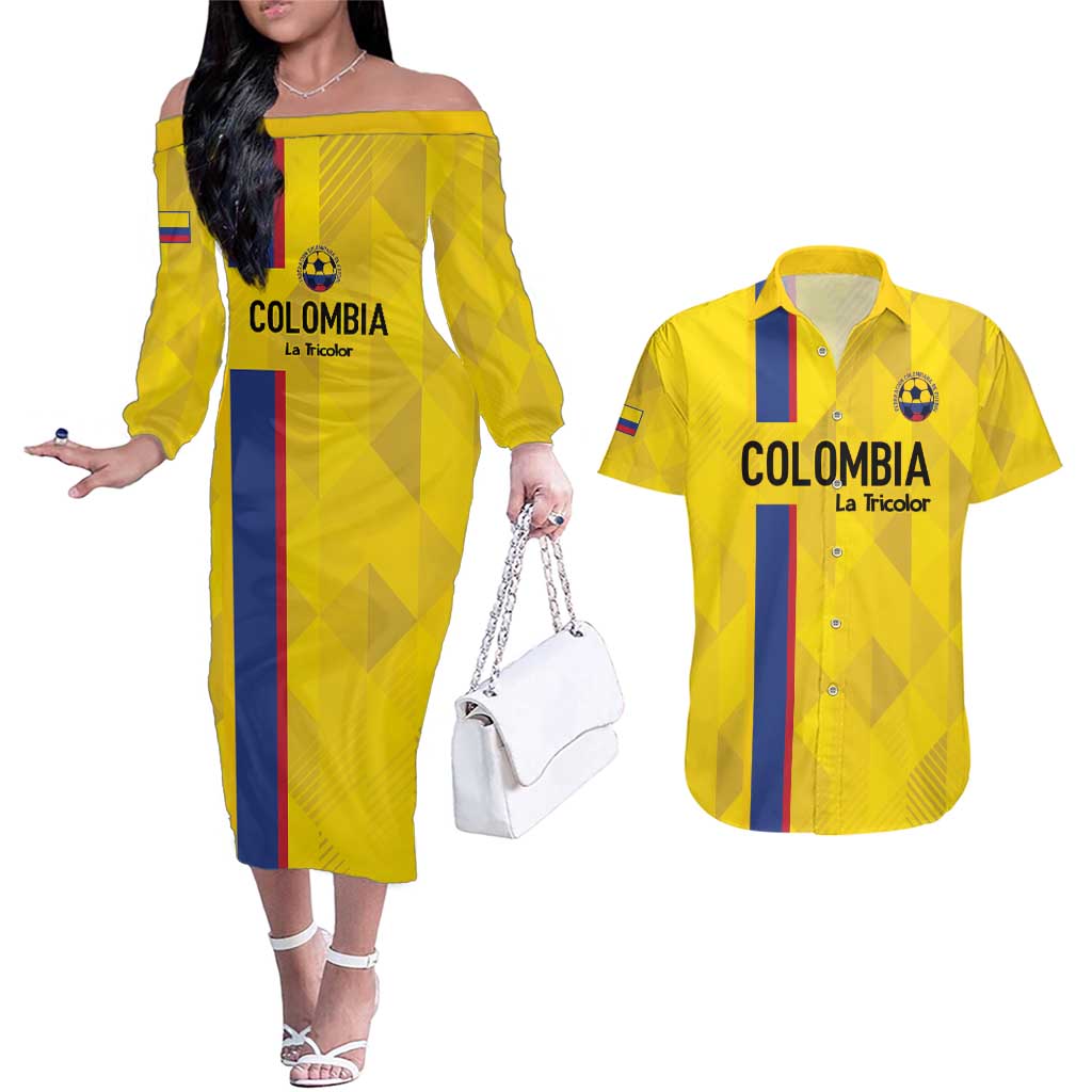 Custom Colombia Football Couples Matching Off The Shoulder Long Sleeve Dress and Hawaiian Shirt 2024 Vamos La Tricolor - Yellow - Wonder Print Shop