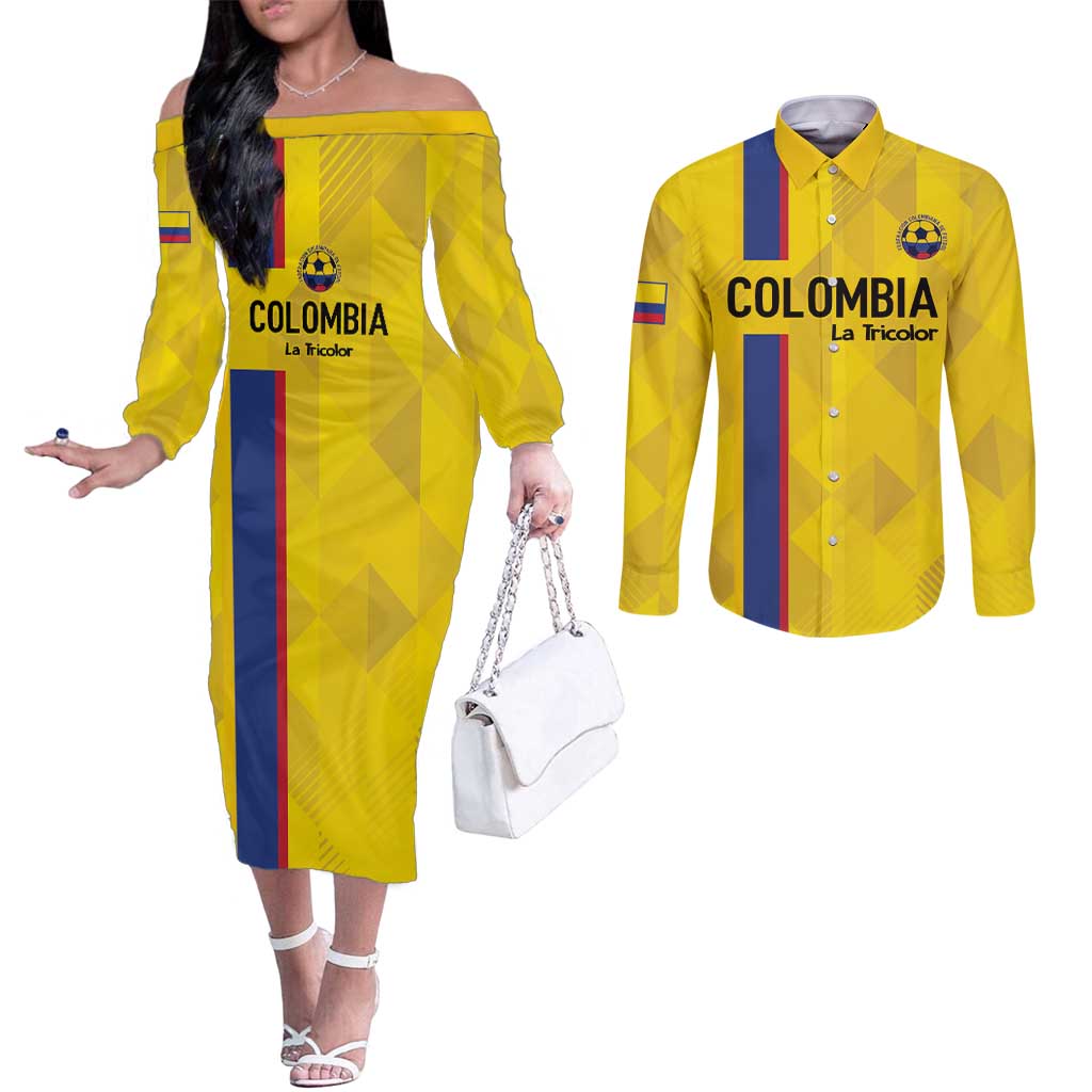 Custom Colombia Football Couples Matching Off The Shoulder Long Sleeve Dress and Long Sleeve Button Shirt 2024 Vamos La Tricolor - Yellow