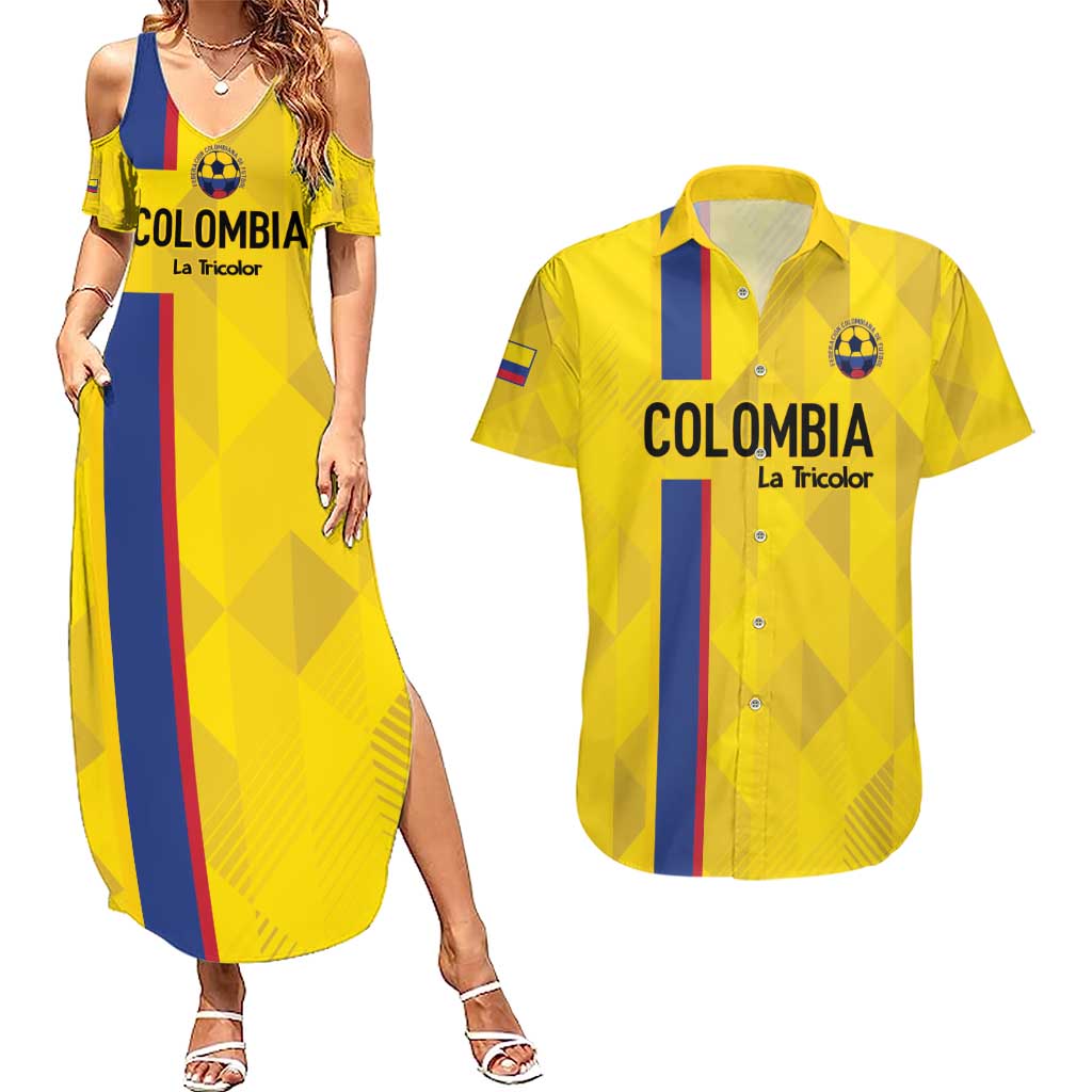 Custom Colombia Football Couples Matching Summer Maxi Dress and Hawaiian Shirt 2024 Vamos La Tricolor - Yellow - Wonder Print Shop