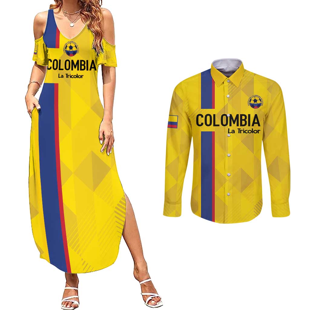 Custom Colombia Football Couples Matching Summer Maxi Dress and Long Sleeve Button Shirt 2024 Vamos La Tricolor - Yellow - Wonder Print Shop