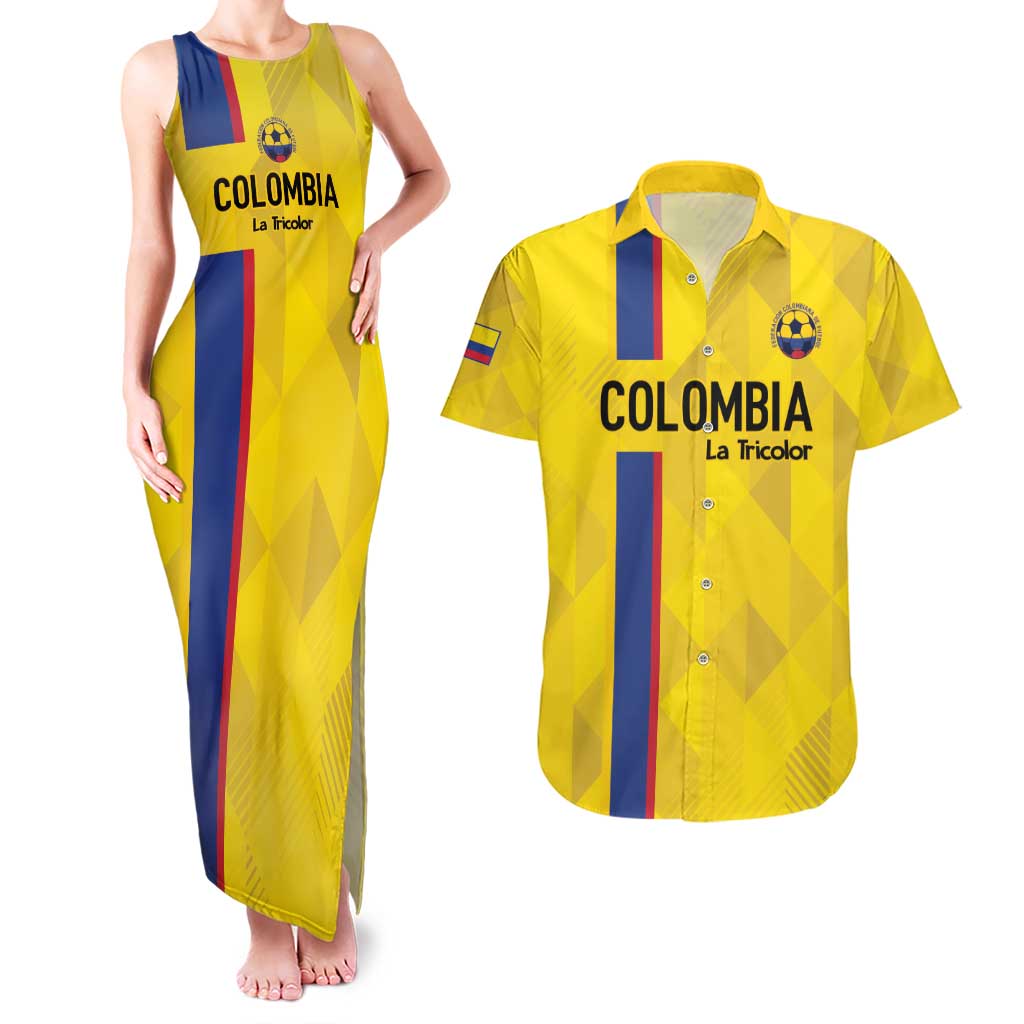 Custom Colombia Football Couples Matching Tank Maxi Dress and Hawaiian Shirt 2024 Vamos La Tricolor - Yellow - Wonder Print Shop