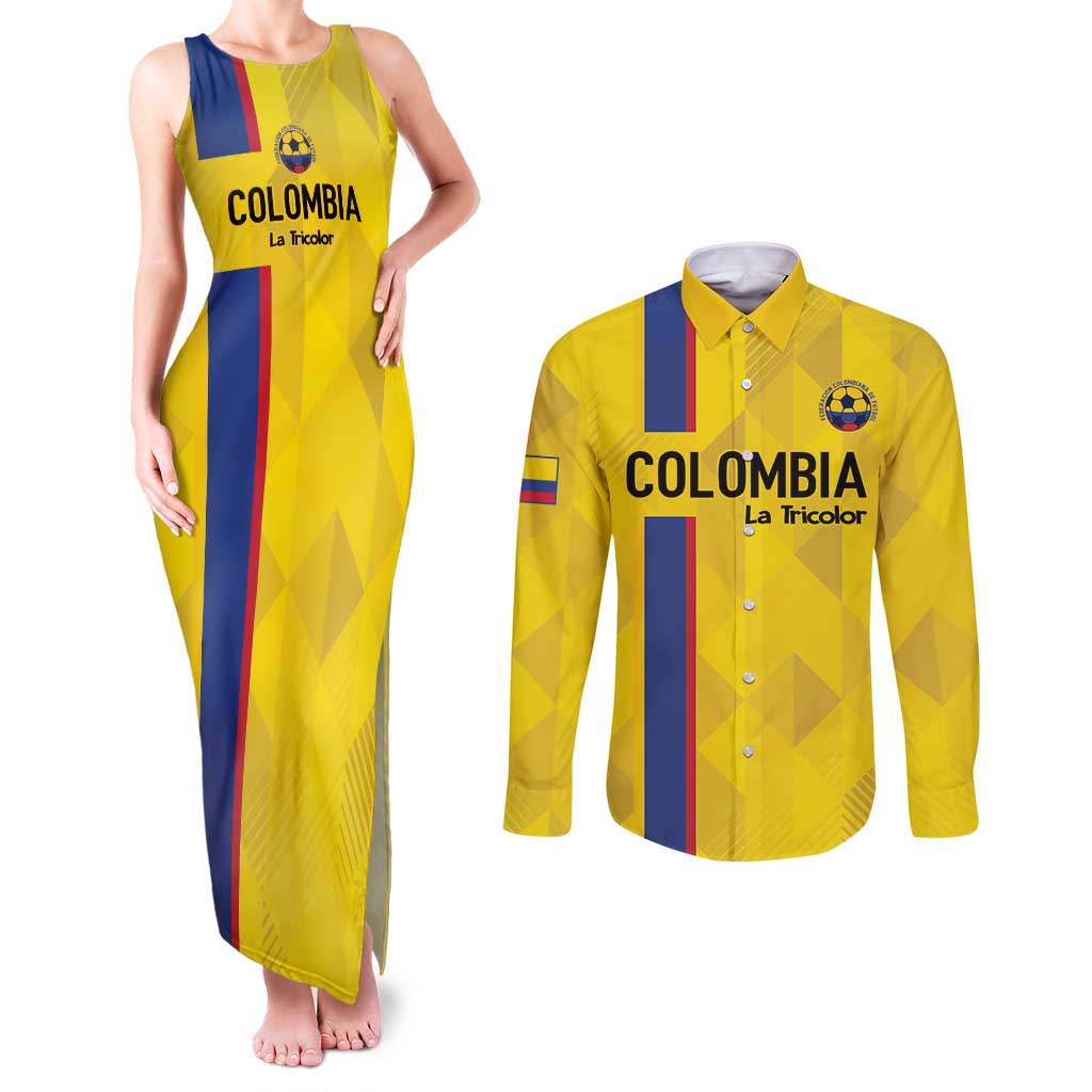 Custom Colombia Football Couples Matching Tank Maxi Dress and Long Sleeve Button Shirt 2024 Vamos La Tricolor - Yellow - Wonder Print Shop