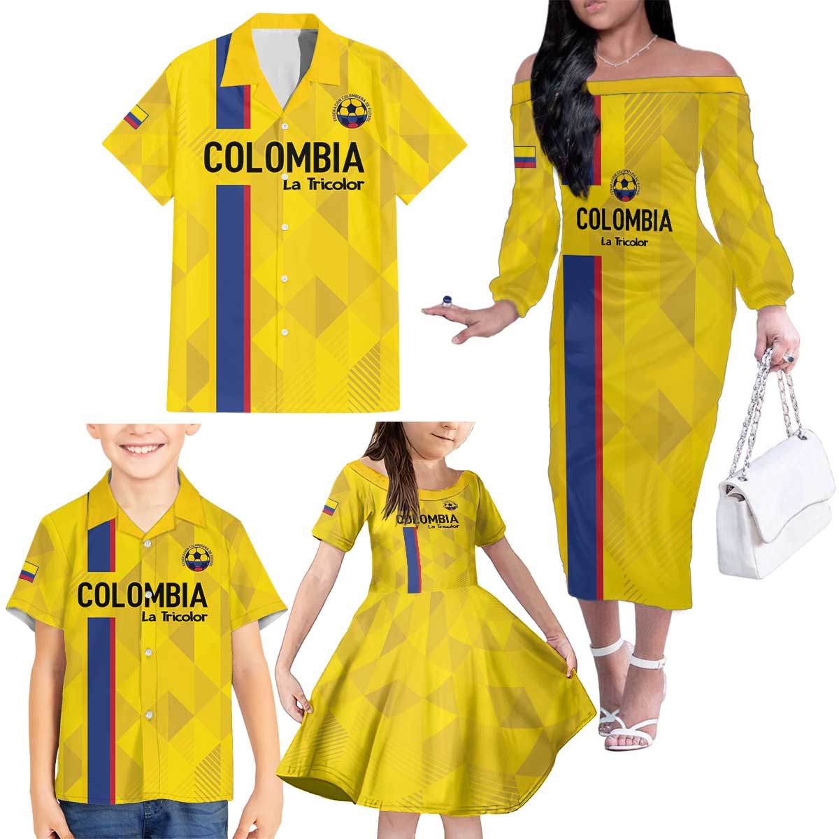 Custom Colombia Football Family Matching Off The Shoulder Long Sleeve Dress and Hawaiian Shirt 2024 Vamos La Tricolor - Yellow - Wonder Print Shop