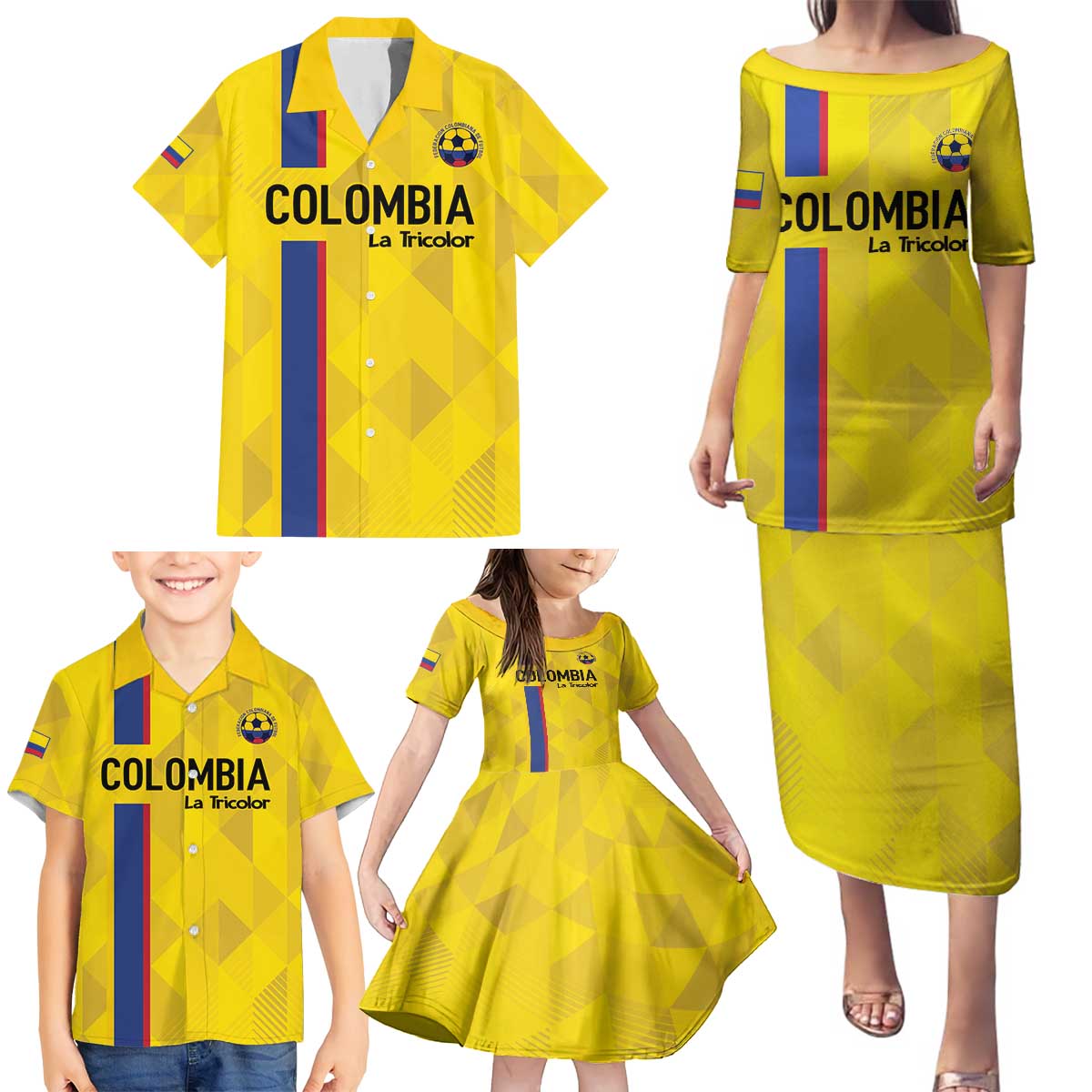 Custom Colombia Football Family Matching Puletasi and Hawaiian Shirt 2024 Vamos La Tricolor - Yellow - Wonder Print Shop