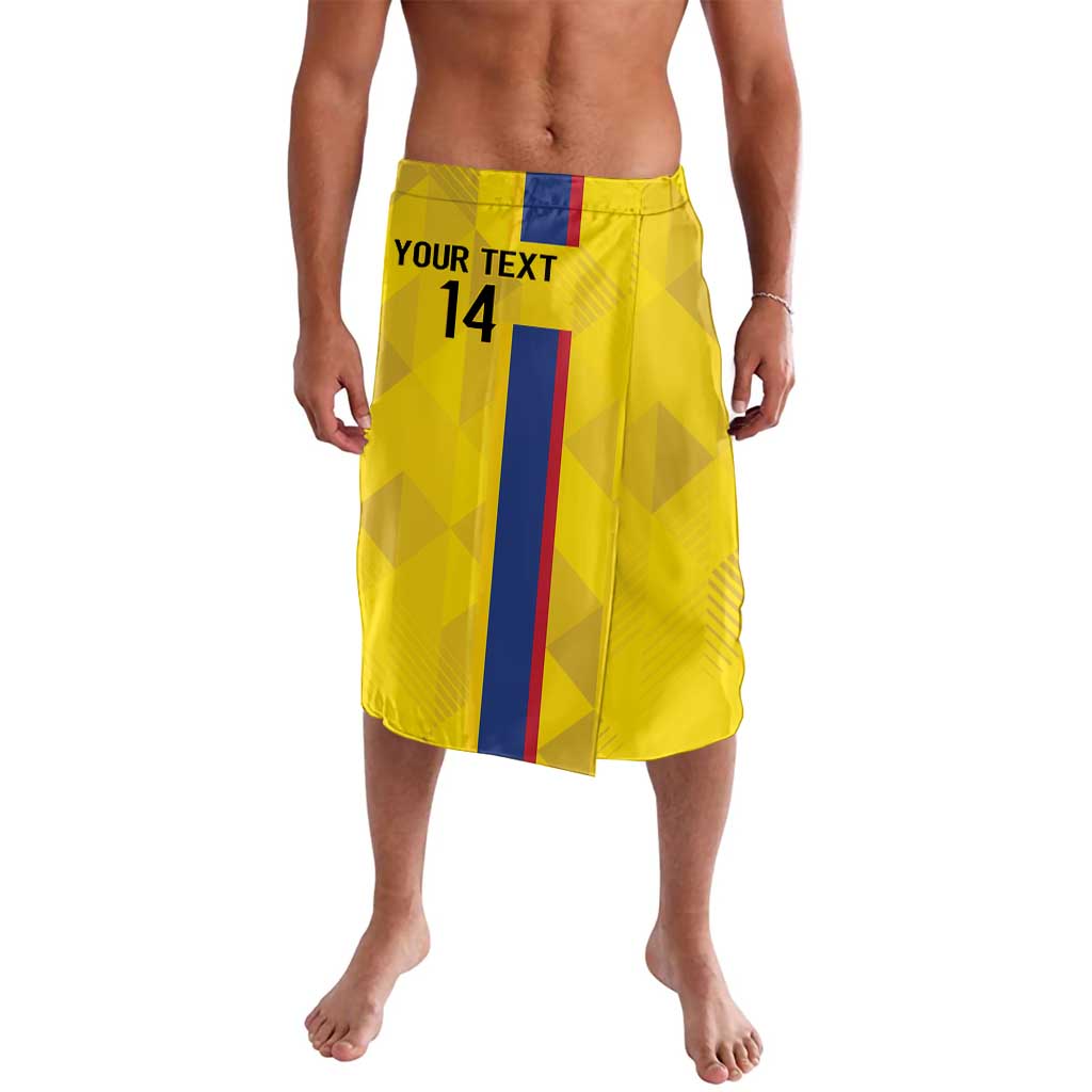 Yellow football-style shorts with custom text, number 14, and blue-red stripe