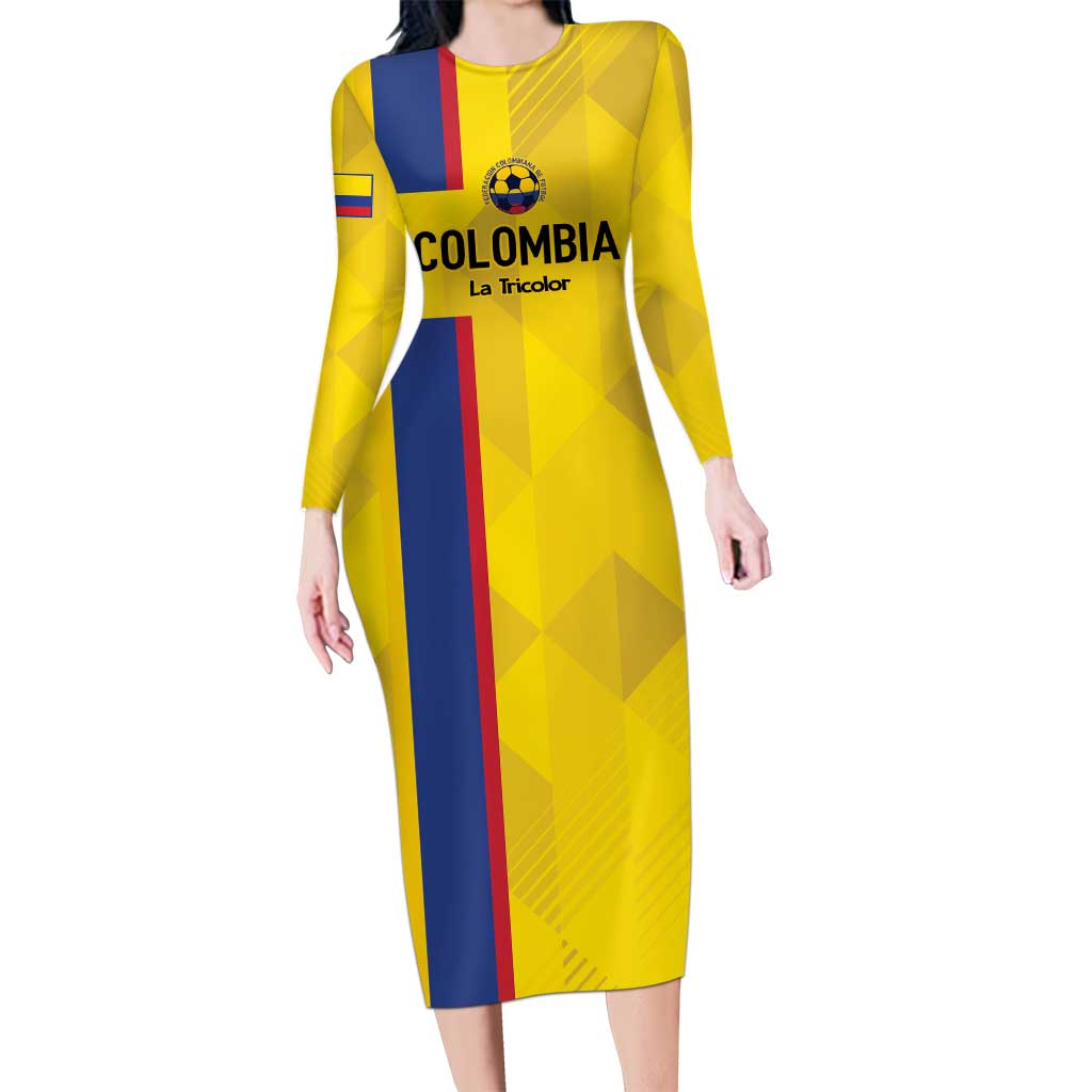 Custom Colombia Football Long Sleeve Bodycon Dress 2024 Vamos La Tricolor - Yellow - Wonder Print Shop