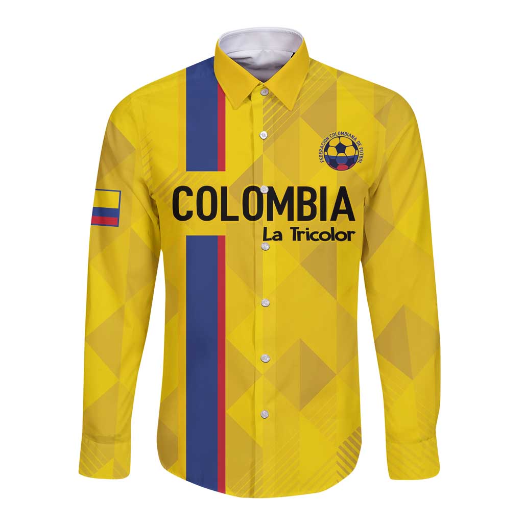 Custom Colombia Football Long Sleeve Button Shirt 2024 Vamos La Tricolor - Yellow - Wonder Print Shop