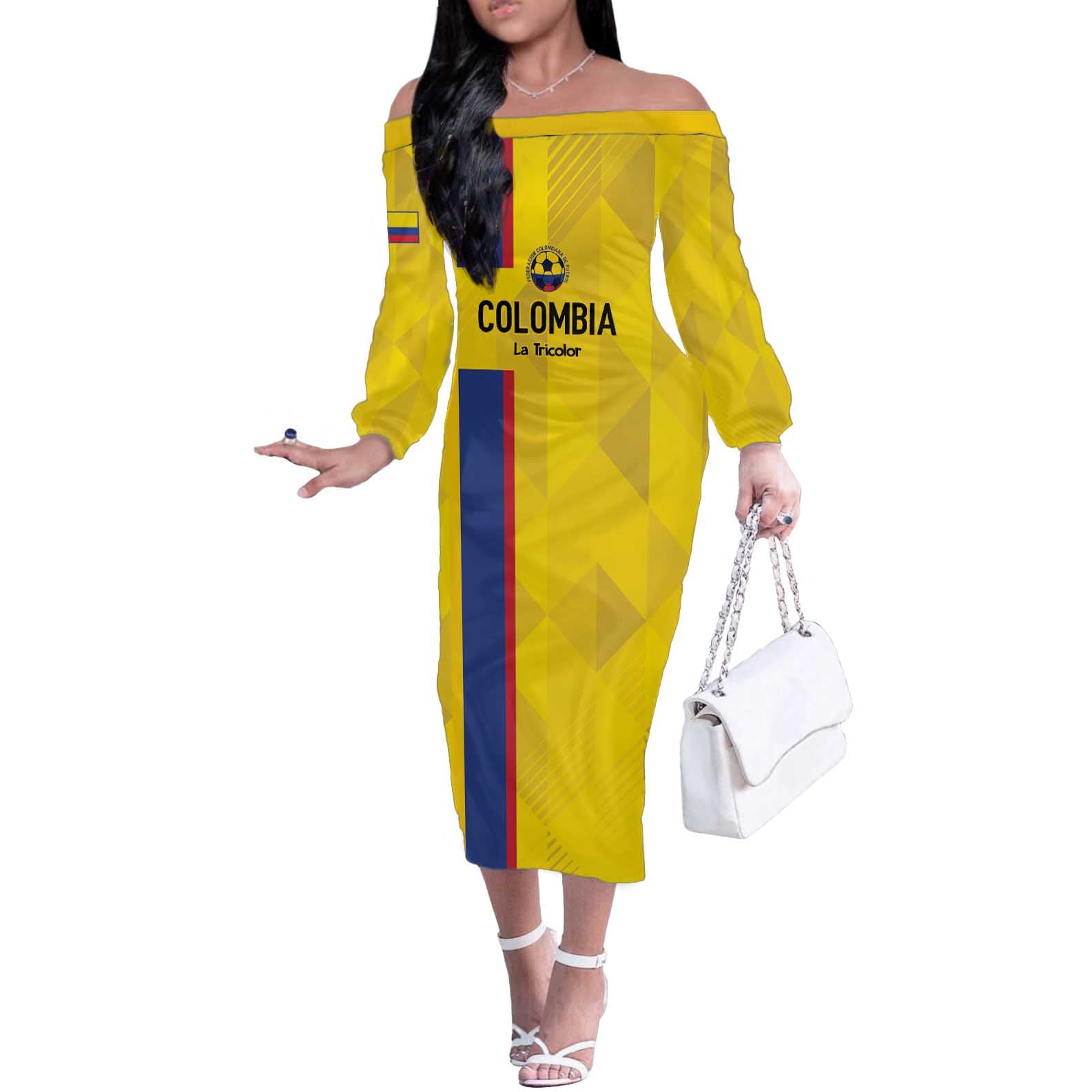 Custom Colombia Football Off The Shoulder Long Sleeve Dress 2024 Vamos La Tricolor - Yellow - Wonder Print Shop