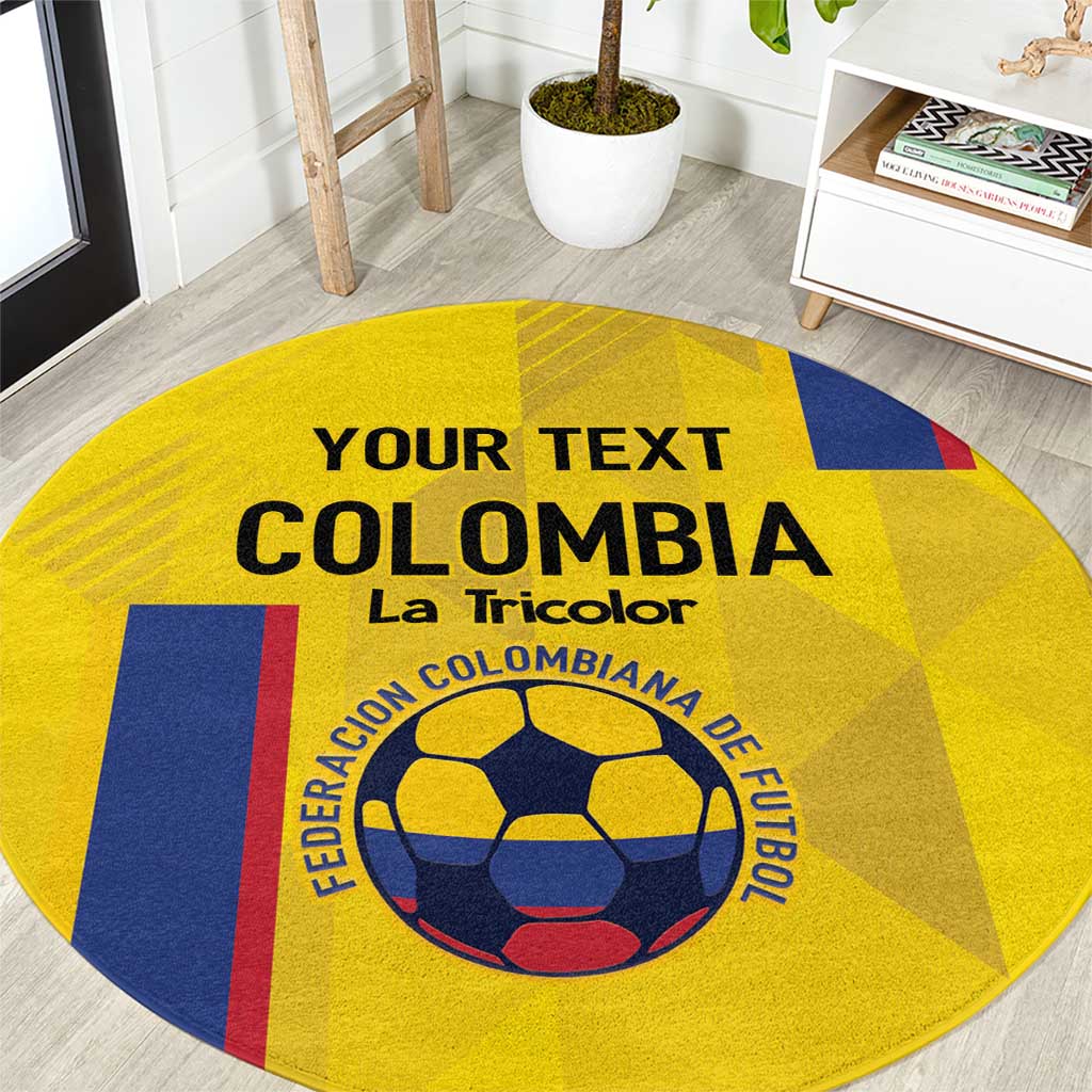 Yellow round football-themed rug with large Colombia text and soccer ball graphic