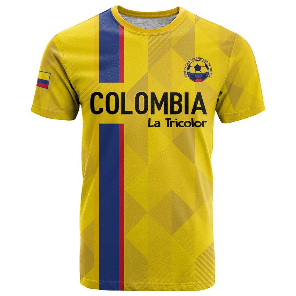 Yellow football t-shirt with Colombia text, La Tricolor, and crest on front