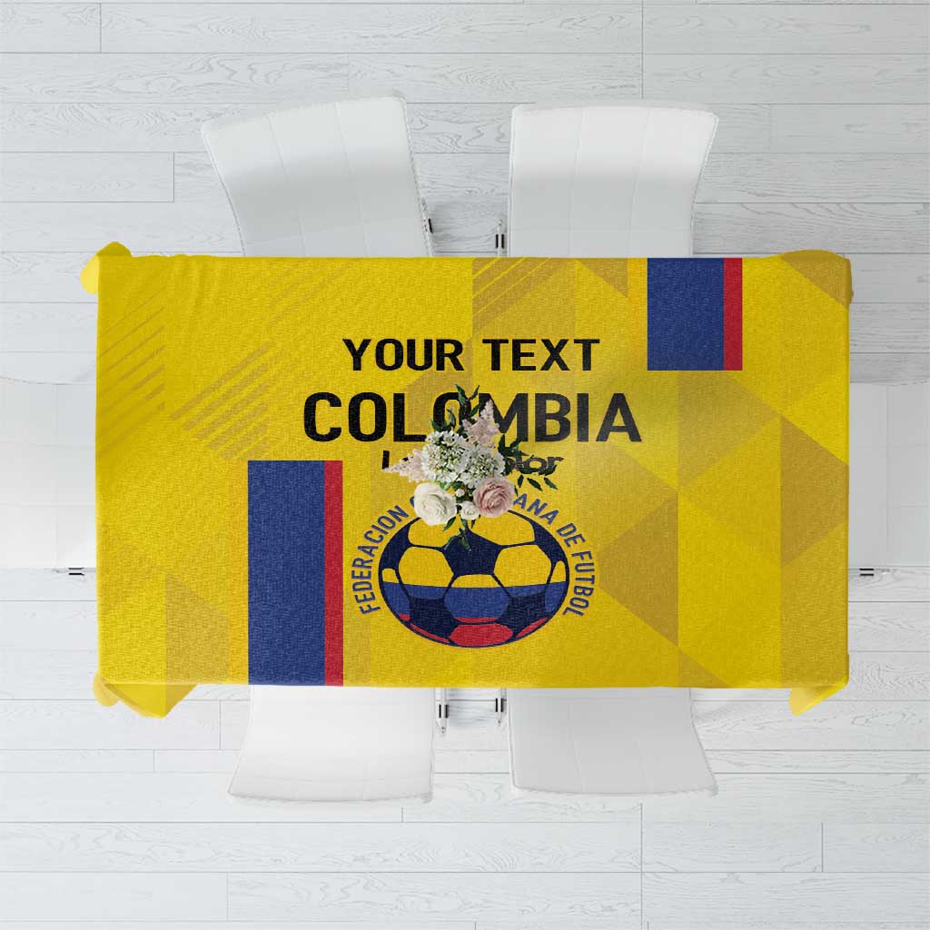 Yellow Colombia football tablecloth with crest, flag stripes, and geometric pattern