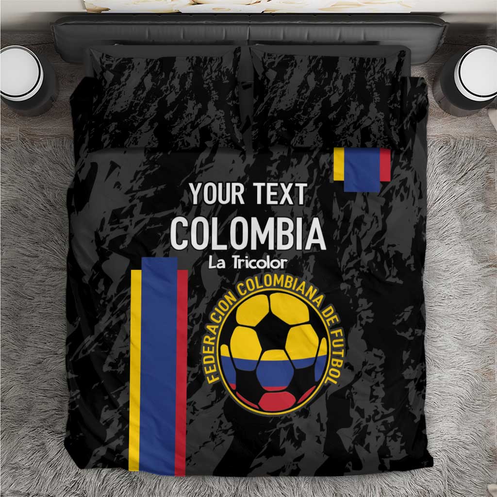 Black Colombia football bedding set with tricolor stripes, crest logo, and custom text