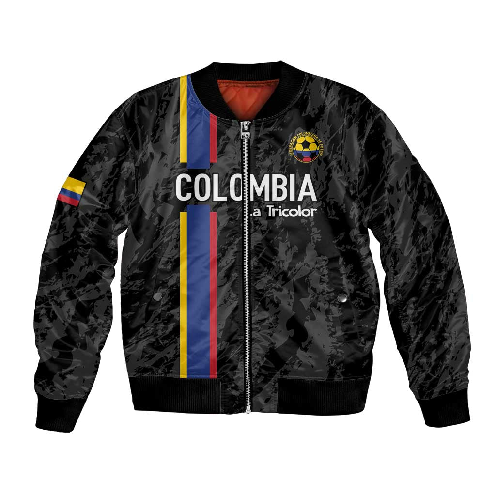 Black bomber jacket with full front zipper, Colombia crest and tricolor vertical stripe