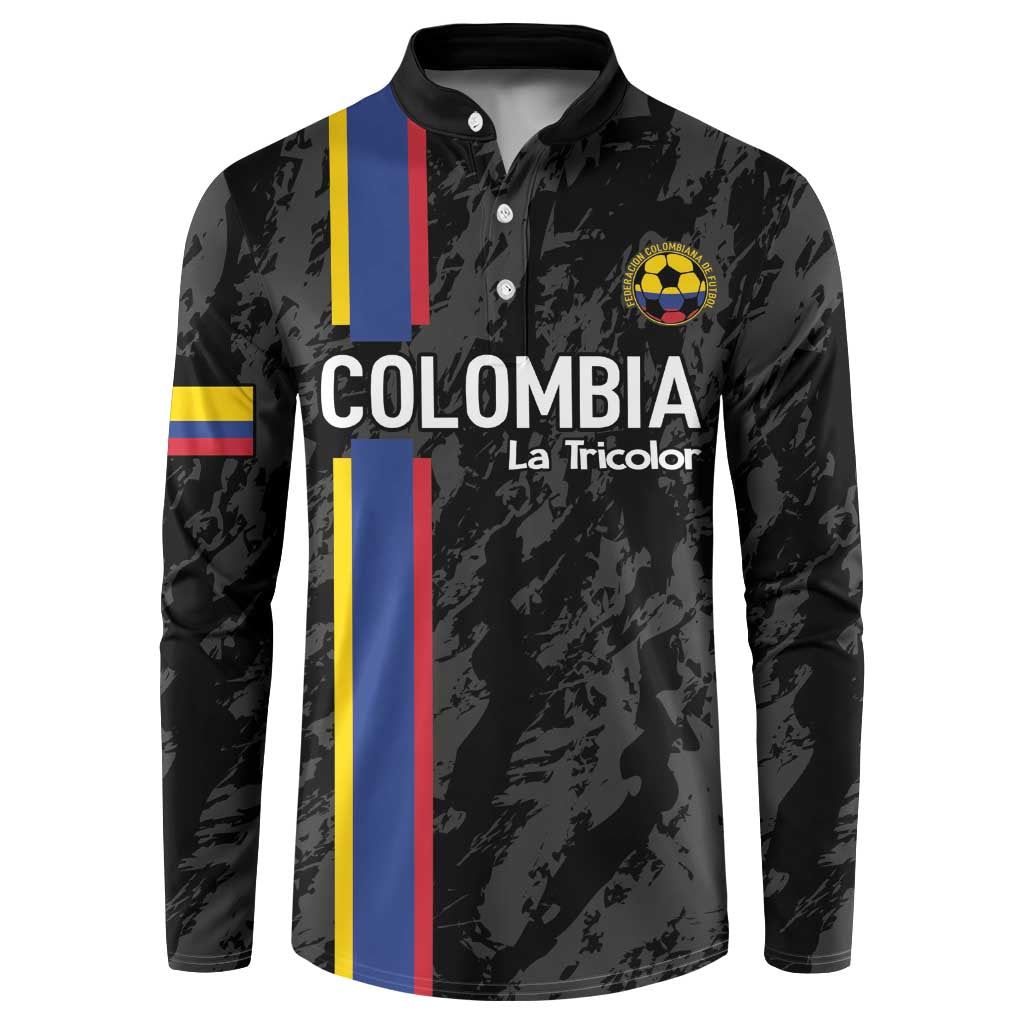 Black football button sweatshirt with Colombia crest, 'COLOMBIA' and 'La Tricolor' on flag stripes.