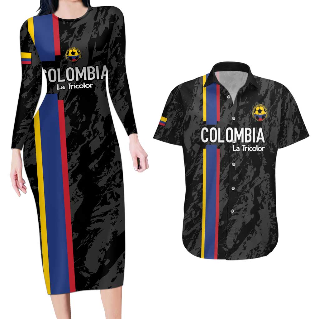 Custom Colombia Football Couples Matching Long Sleeve Bodycon Dress and Hawaiian Shirt 2024 Vamos La Tricolor - Black - Wonder Print Shop