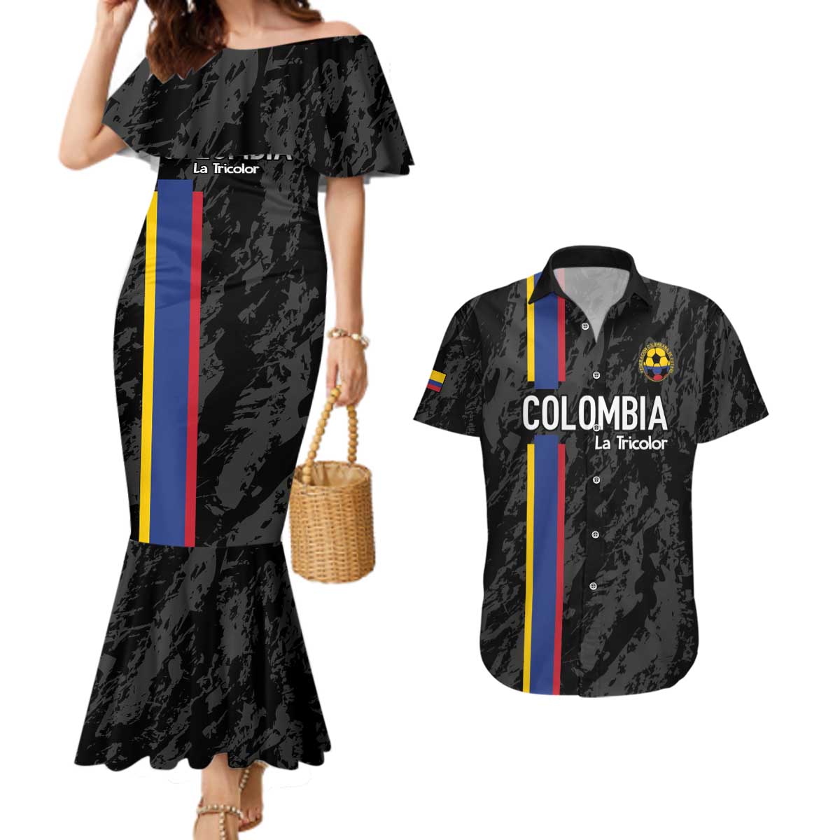 Custom Colombia Football Couples Matching Mermaid Dress and Hawaiian Shirt 2024 Vamos La Tricolor - Black - Wonder Print Shop