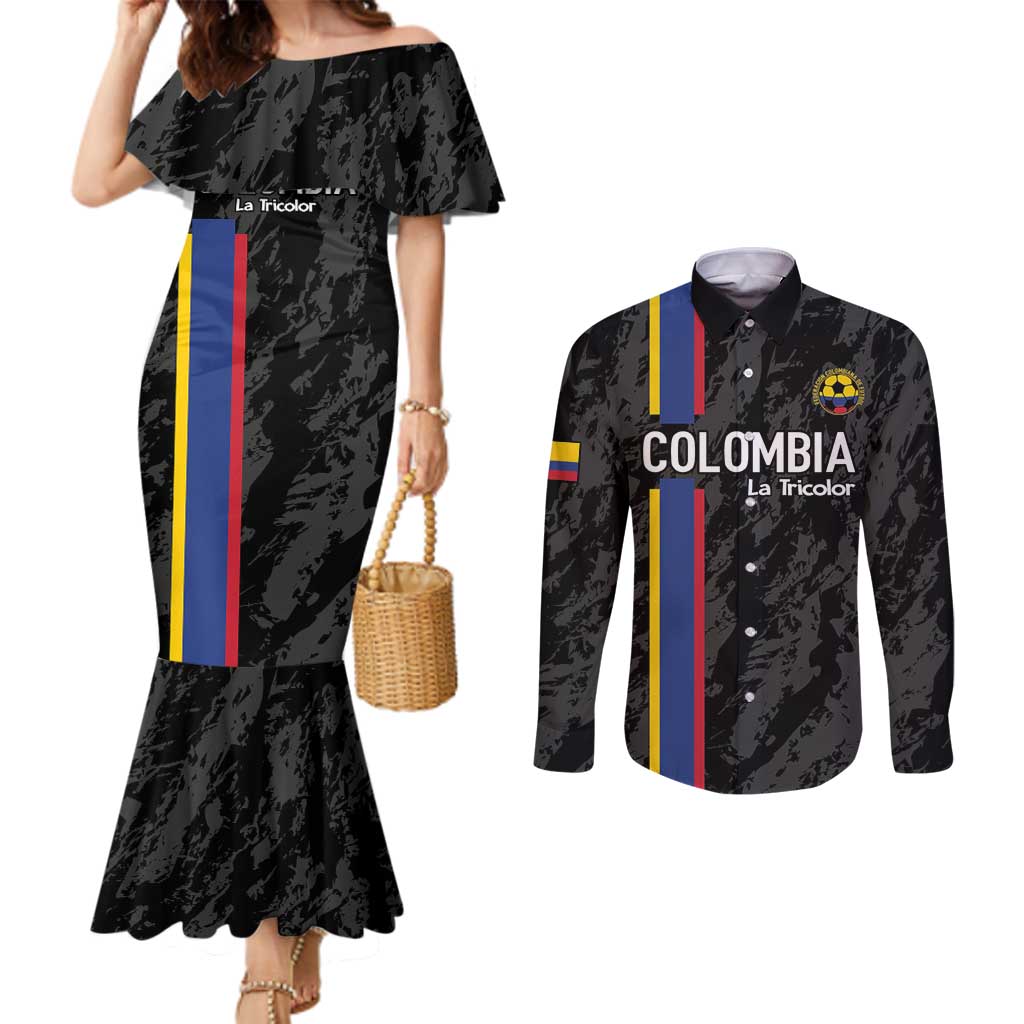 Custom Colombia Football Couples Matching Mermaid Dress and Long Sleeve Button Shirt 2024 Vamos La Tricolor - Black