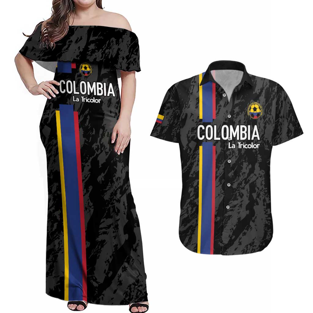 Custom Colombia Football Couples Matching Off Shoulder Maxi Dress and Hawaiian Shirt 2024 Vamos La Tricolor - Black - Wonder Print Shop