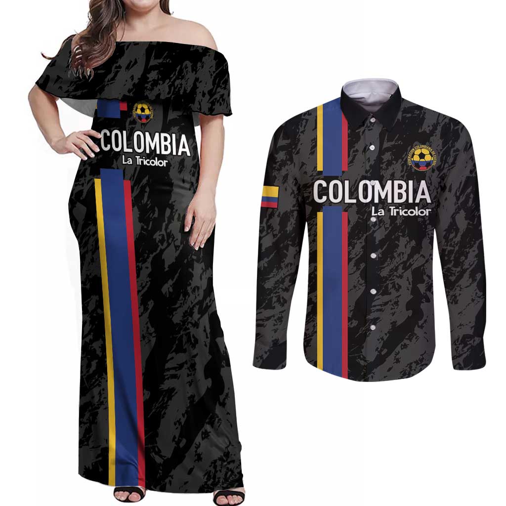 Custom Colombia Football Couples Matching Off Shoulder Maxi Dress and Long Sleeve Button Shirt 2024 Vamos La Tricolor - Black - Wonder Print Shop