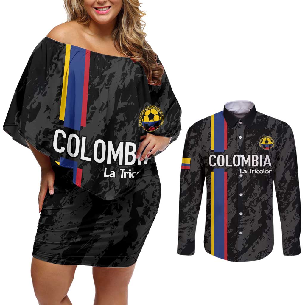 Custom Colombia Football Couples Matching Off Shoulder Short Dress and Long Sleeve Button Shirt 2024 Vamos La Tricolor - Black - Wonder Print Shop