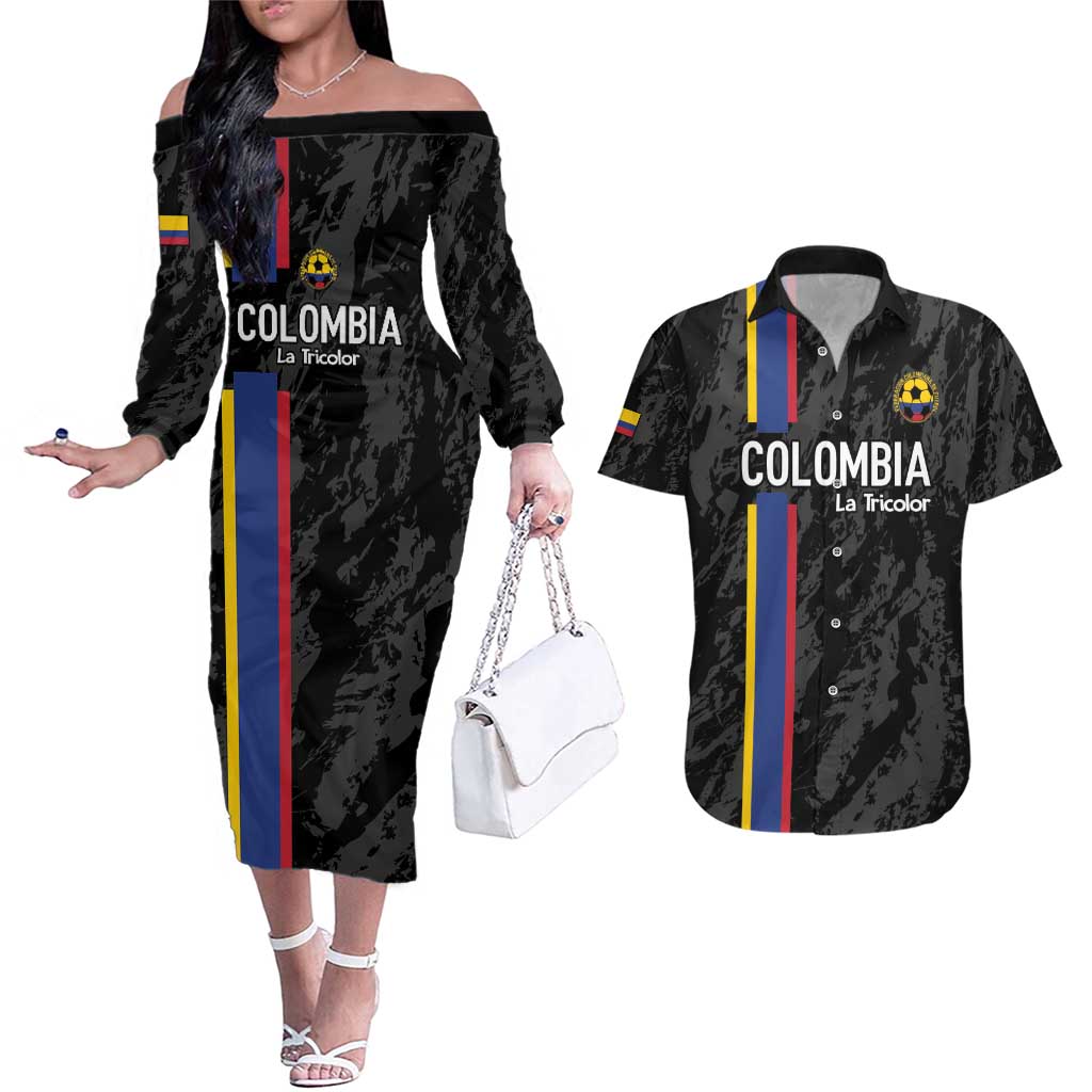 Custom Colombia Football Couples Matching Off The Shoulder Long Sleeve Dress and Hawaiian Shirt 2024 Vamos La Tricolor - Black - Wonder Print Shop