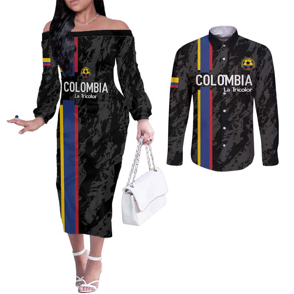 Custom Colombia Football Couples Matching Off The Shoulder Long Sleeve Dress and Long Sleeve Button Shirt 2024 Vamos La Tricolor - Black