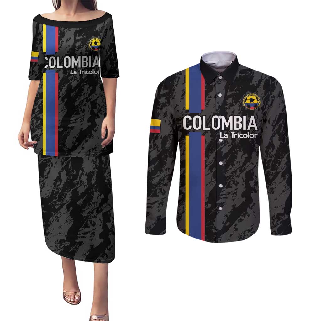 Custom Colombia Football Couples Matching Puletasi and Long Sleeve Button Shirt 2024 Vamos La Tricolor - Black - Wonder Print Shop