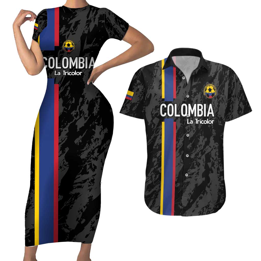 Custom Colombia Football Couples Matching Short Sleeve Bodycon Dress and Hawaiian Shirt 2024 Vamos La Tricolor - Black - Wonder Print Shop