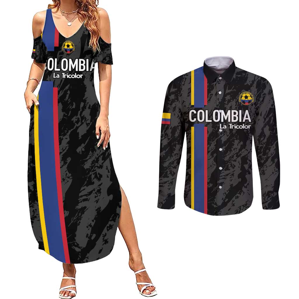 Custom Colombia Football Couples Matching Summer Maxi Dress and Long Sleeve Button Shirt 2024 Vamos La Tricolor - Black - Wonder Print Shop