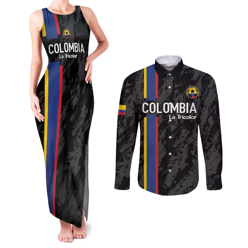 Custom Colombia Football Couples Matching Tank Maxi Dress and Long Sleeve Button Shirt 2024 Vamos La Tricolor - Black - Wonder Print Shop