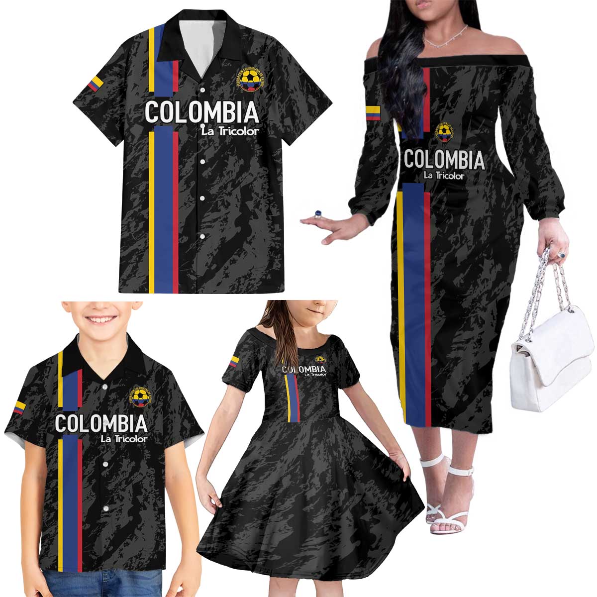 Custom Colombia Football Family Matching Off The Shoulder Long Sleeve Dress and Hawaiian Shirt 2024 Vamos La Tricolor - Black - Wonder Print Shop