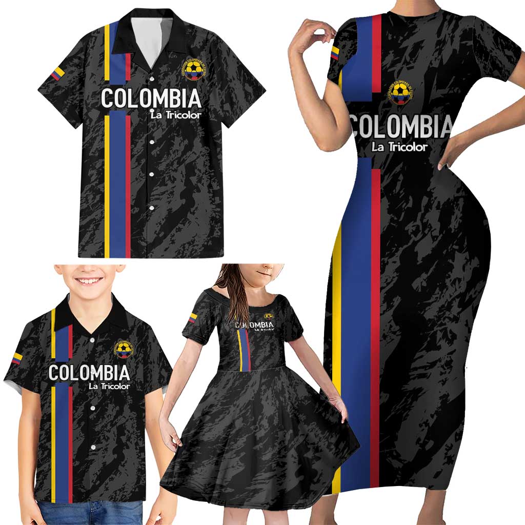 Custom Colombia Football Family Matching Short Sleeve Bodycon Dress and Hawaiian Shirt 2024 Vamos La Tricolor - Black - Wonder Print Shop