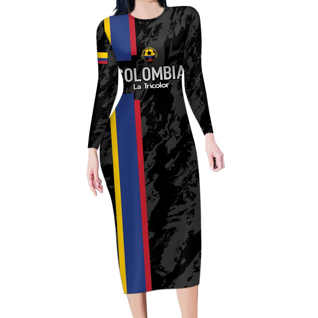 Custom Colombia Football Long Sleeve Bodycon Dress 2024 Vamos La Tricolor - Black - Wonder Print Shop