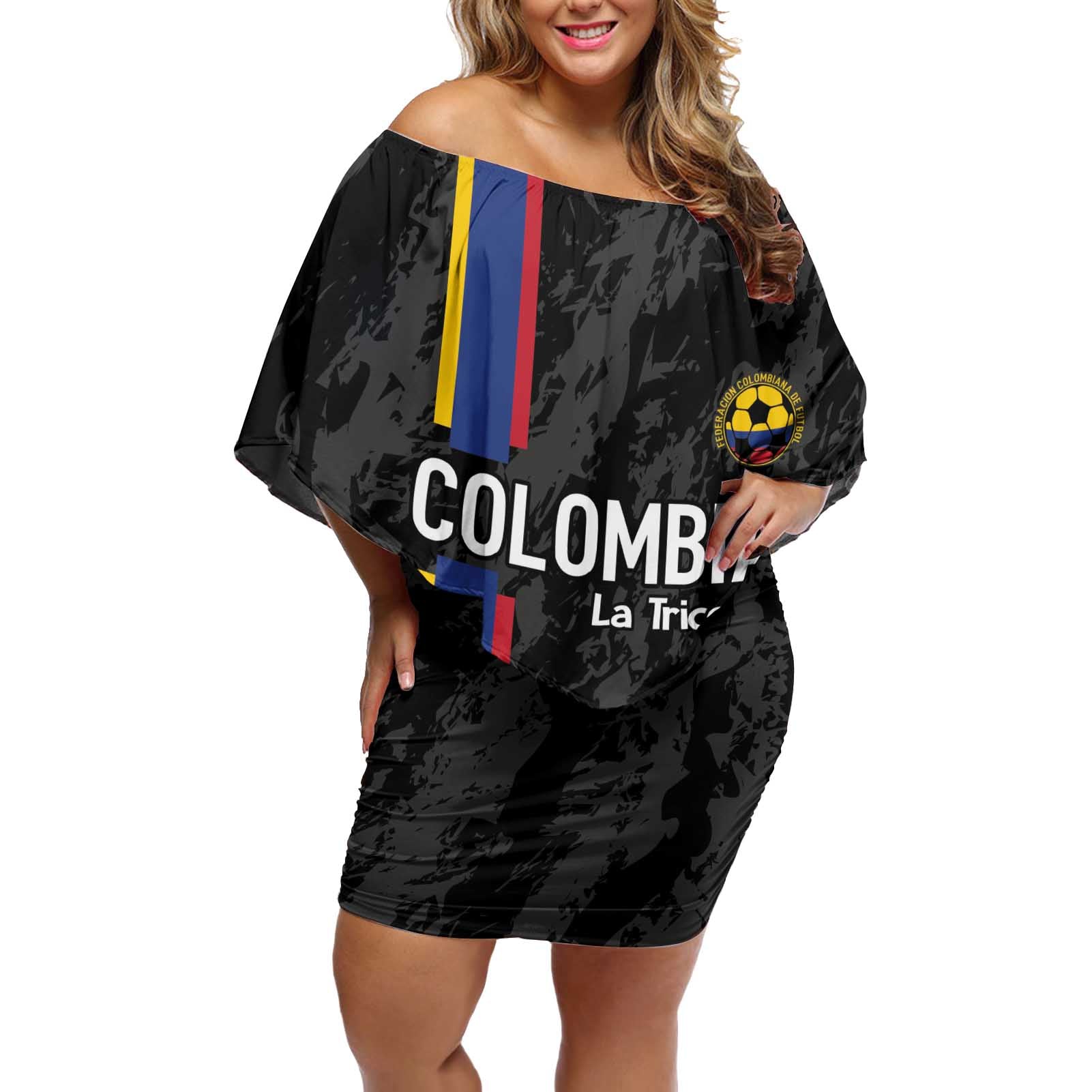 Custom Colombia Football Off Shoulder Short Dress 2024 Vamos La Tricolor - Black - Wonder Print Shop