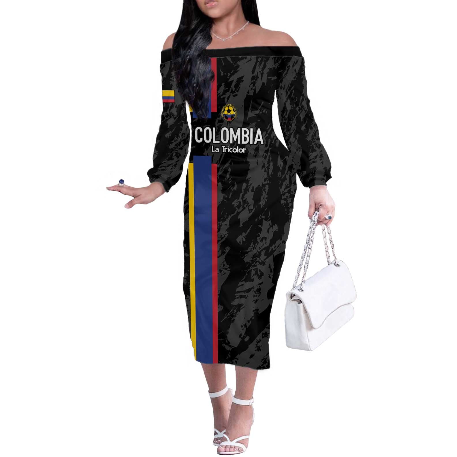 Custom Colombia Football Off The Shoulder Long Sleeve Dress 2024 Vamos La Tricolor - Black - Wonder Print Shop