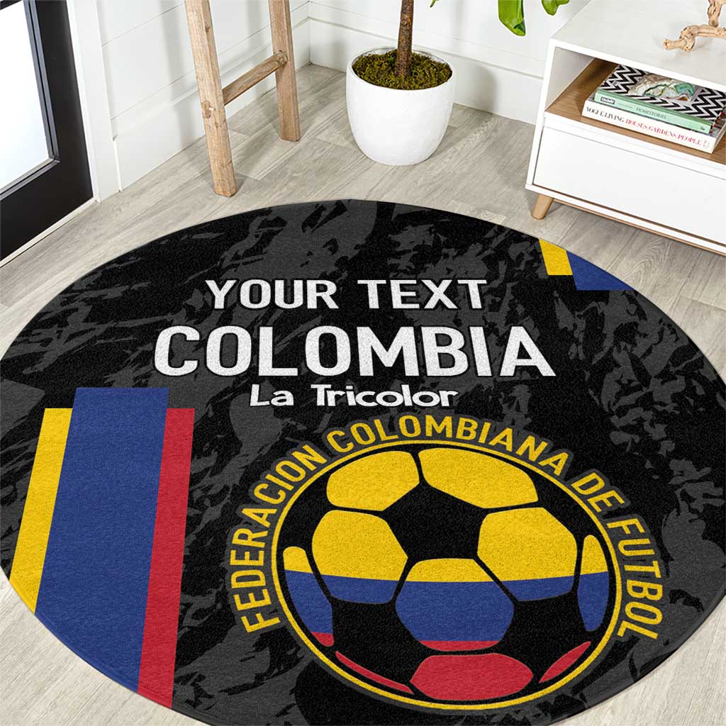 Black round football rug with Colombia graphic, colorful shield, and custom text