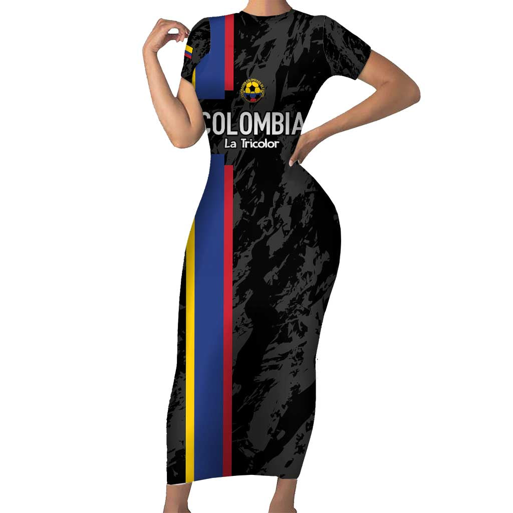 Custom Colombia Football Short Sleeve Bodycon Dress 2024 Vamos La Tricolor - Black - Wonder Print Shop