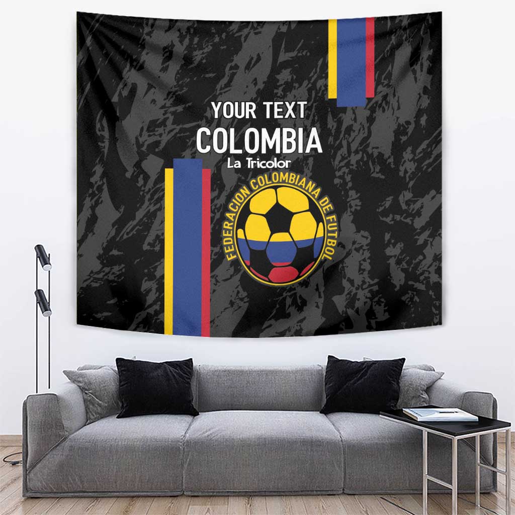 Black Colombia football tapestry featuring 'YOUR TEXT' and soccer crest with tricolor stripes