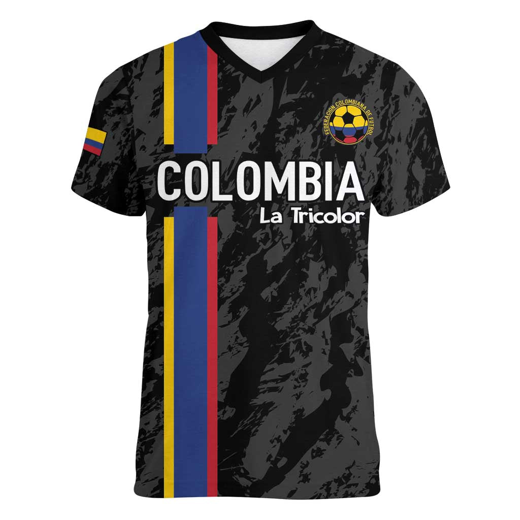 Custom Colombia Football Women V-Neck T-Shirt 2024 Vamos La Tricolor - Black - Wonder Print Shop