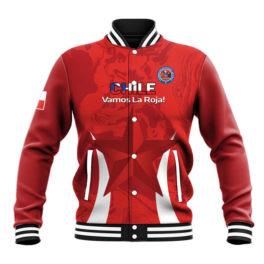 Red Chile varsity baseball jacket, stand collar, snap buttons, crest and Vamos La Roja