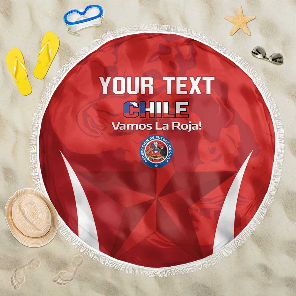 Red round beach blanket with white fringe and central 'YOUR TEXT' Chile design