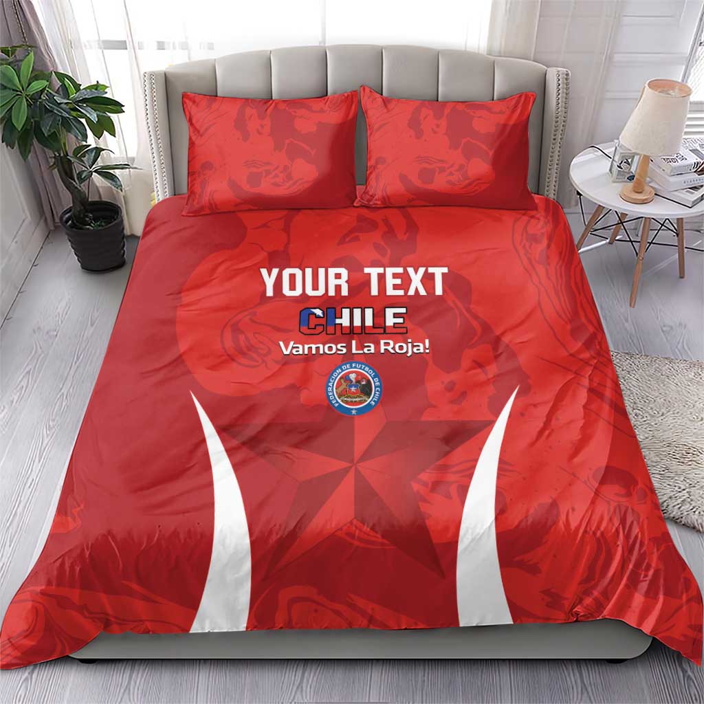 Red Chile football bedding set with two pillows, white stripe graphics, and crest emblem