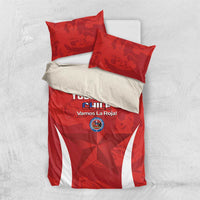 Red Chile football bedding set with two pillows, centered crest, and white stripe design