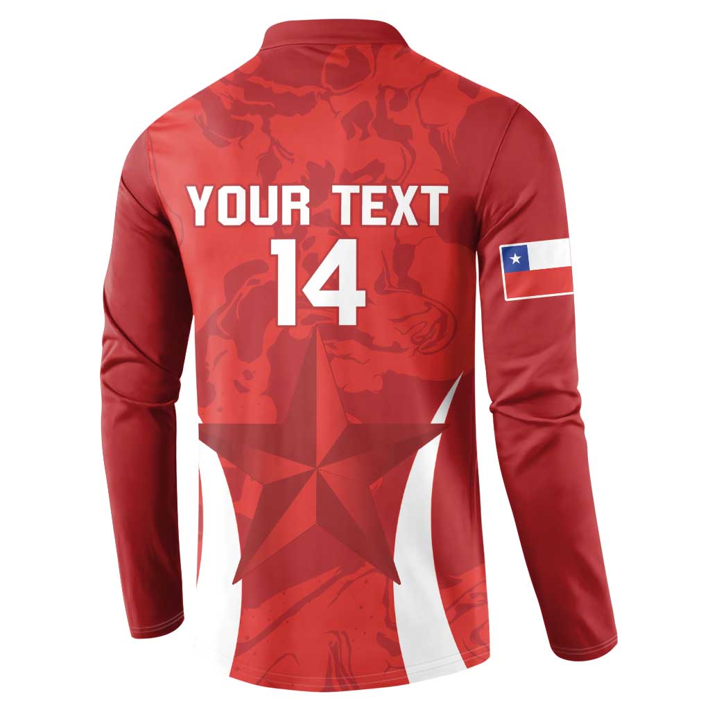 Red football button sweatshirt back with 'YOUR TEXT 14' and Chile flag sleeve stripe