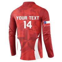 Red football button sweatshirt back with 'YOUR TEXT 14' and Chile flag sleeve stripe